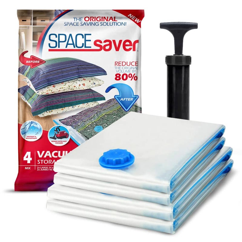 Spacesaver Premium Vacuum Storage Bags with 80% More Storage - Includes Hand-Pump for Travel - Double-Zip Seal and Triple Seal Turbo-Valve for Max Space Saving - Variety 4 Pack (2 x Large  2 x Jumbo) - Image 1